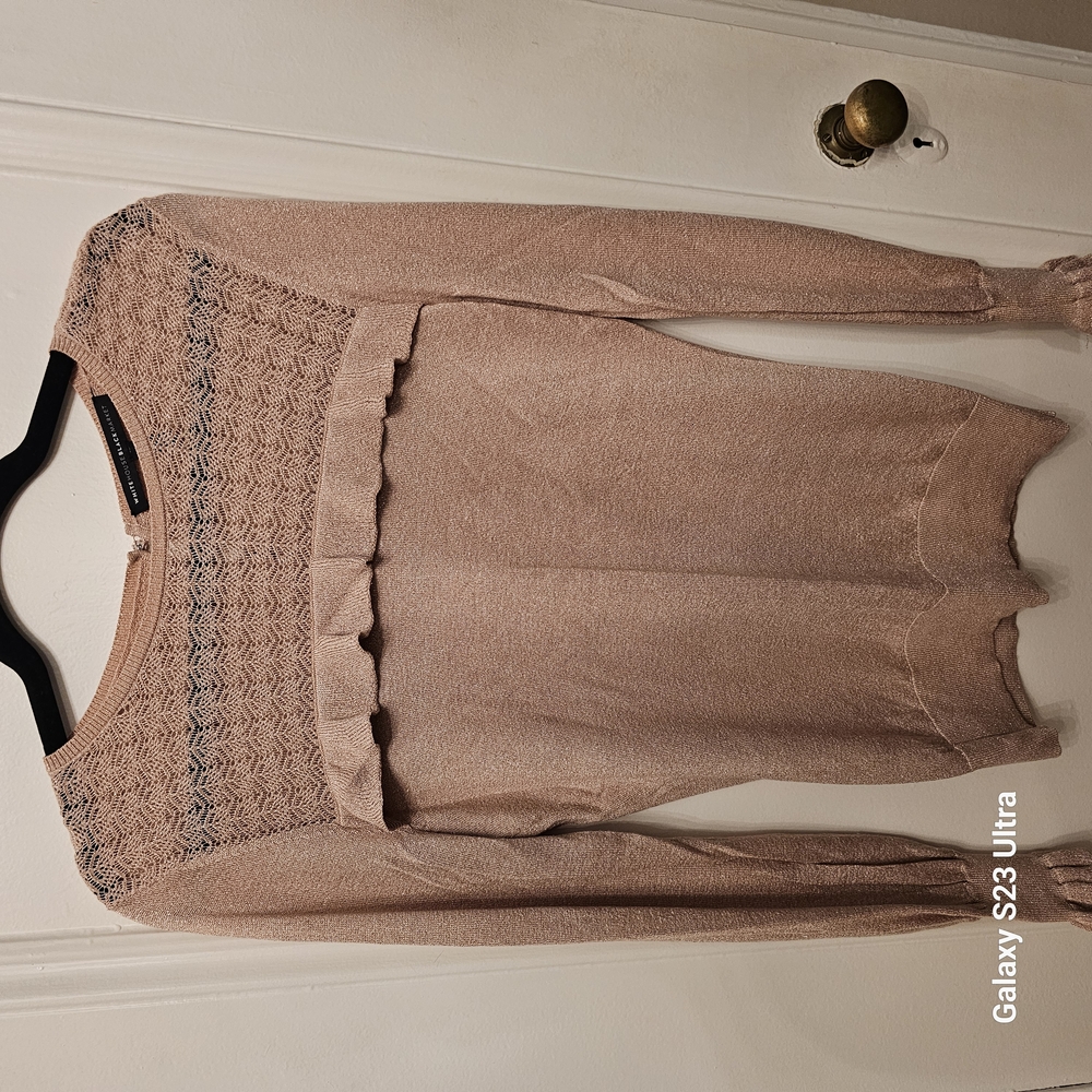 White House Black Market Cream Crew Neck Sweater with Smocked Detail